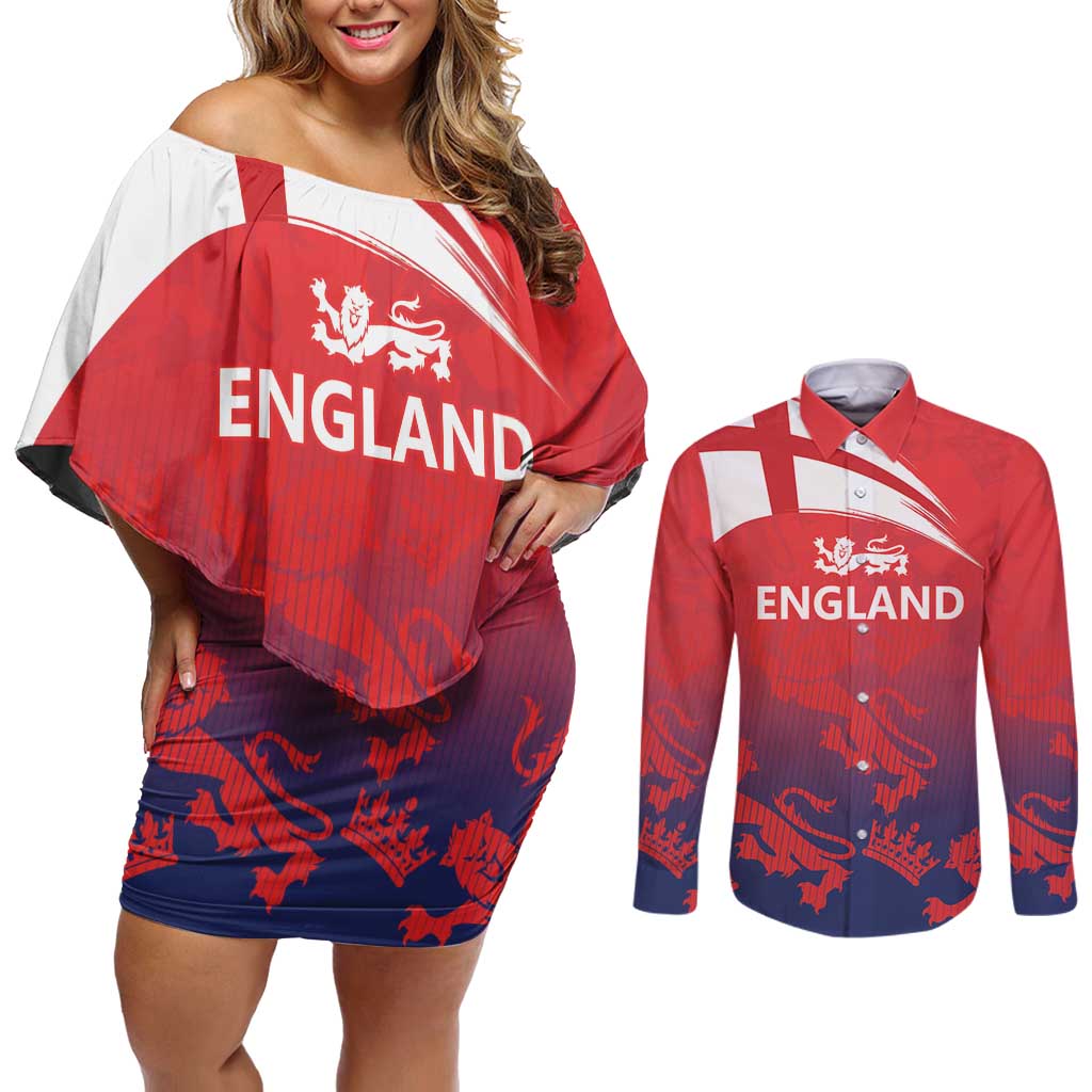 England Cricket Custom Couples Matching Off Shoulder Short Dress and Long Sleeve Button Shirt Three Lions With Flag LT9 - Wonder Print Shop