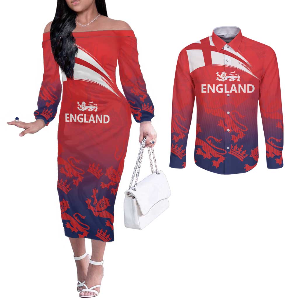 England Cricket Custom Couples Matching Off The Shoulder Long Sleeve Dress and Long Sleeve Button Shirt Three Lions With Flag