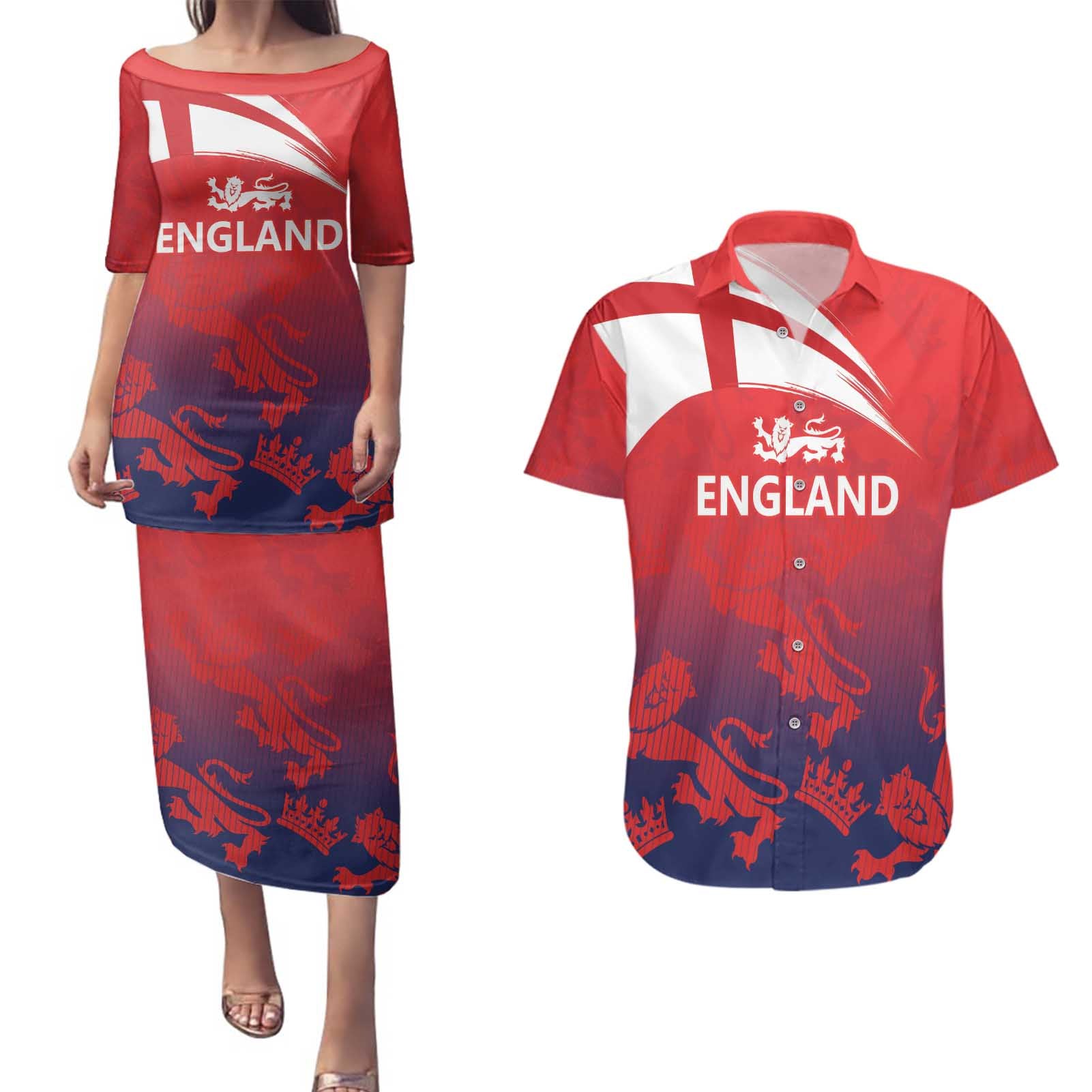 England Cricket Custom Couples Matching Puletasi and Hawaiian Shirt Three Lions With Flag LT9 - Wonder Print Shop