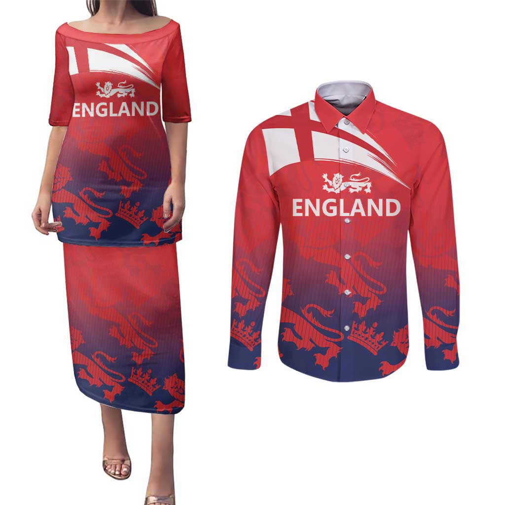 England Cricket Custom Couples Matching Puletasi and Long Sleeve Button Shirt Three Lions With Flag LT9 - Wonder Print Shop