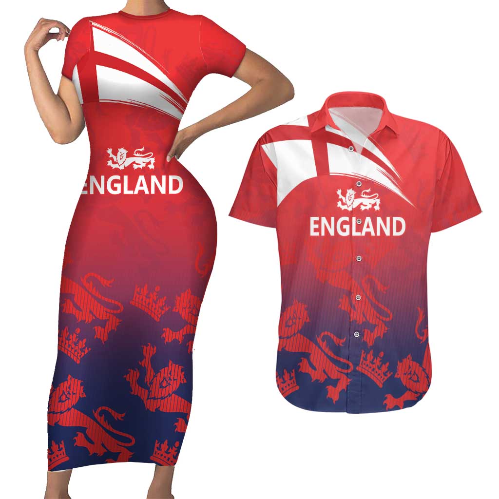 England Cricket Custom Couples Matching Short Sleeve Bodycon Dress and Hawaiian Shirt Three Lions With Flag LT9 - Wonder Print Shop