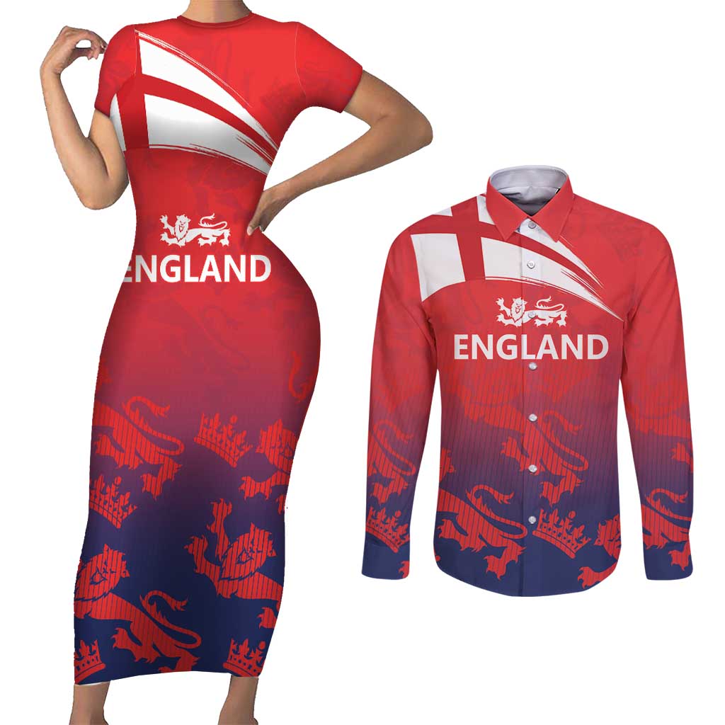 England Cricket Custom Couples Matching Short Sleeve Bodycon Dress and Long Sleeve Button Shirt Three Lions With Flag LT9 - Wonder Print Shop