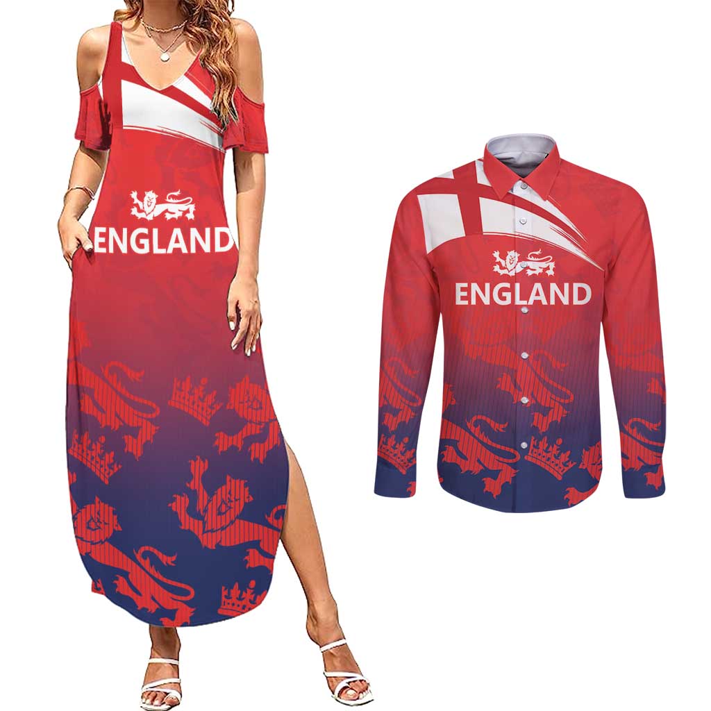 England Cricket Custom Couples Matching Summer Maxi Dress and Long Sleeve Button Shirt Three Lions With Flag LT9 - Wonder Print Shop