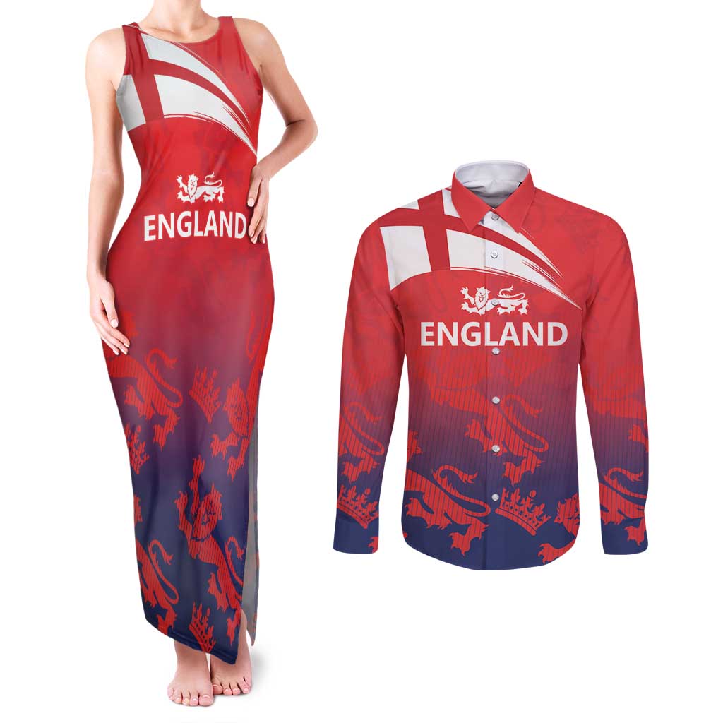 England Cricket Custom Couples Matching Tank Maxi Dress and Long Sleeve Button Shirt Three Lions With Flag LT9 - Wonder Print Shop