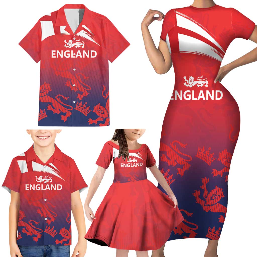 England Cricket Custom Family Matching Short Sleeve Bodycon Dress and Hawaiian Shirt Three Lions With Flag - Wonder Print Shop