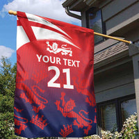 Red England cricket house flag with white cross, lion crest, and custom text 21