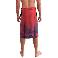 Red and blue printed lavalava sarong with dragon-like graphic, elastic waistband