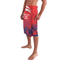 Red and blue printed lavalava sarong with Union Jack stripe and number 21, elastic waist
