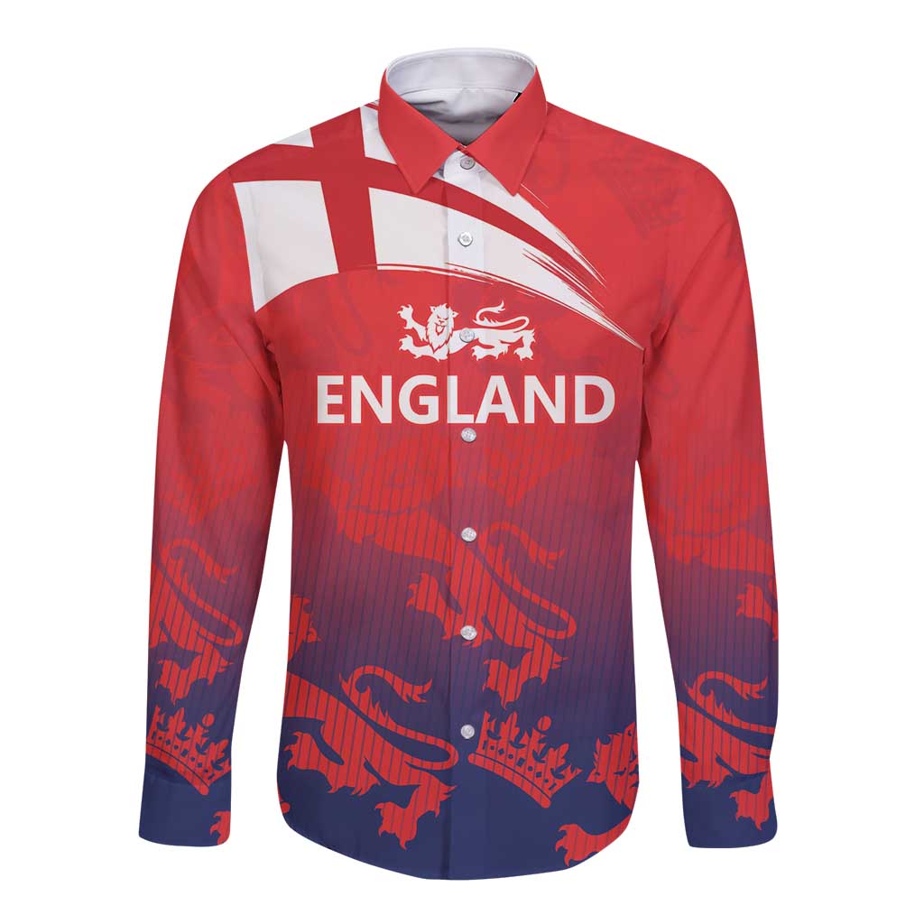 Red long-sleeve button cricket shirt with white collar and England crest graphics