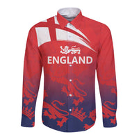 Red long-sleeve button cricket shirt with white collar and England crest graphics