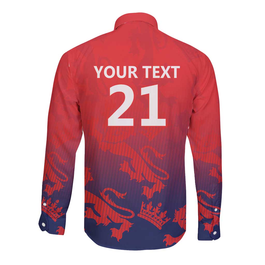 Back red long-sleeve button cricket shirt with YOUR TEXT and number 21