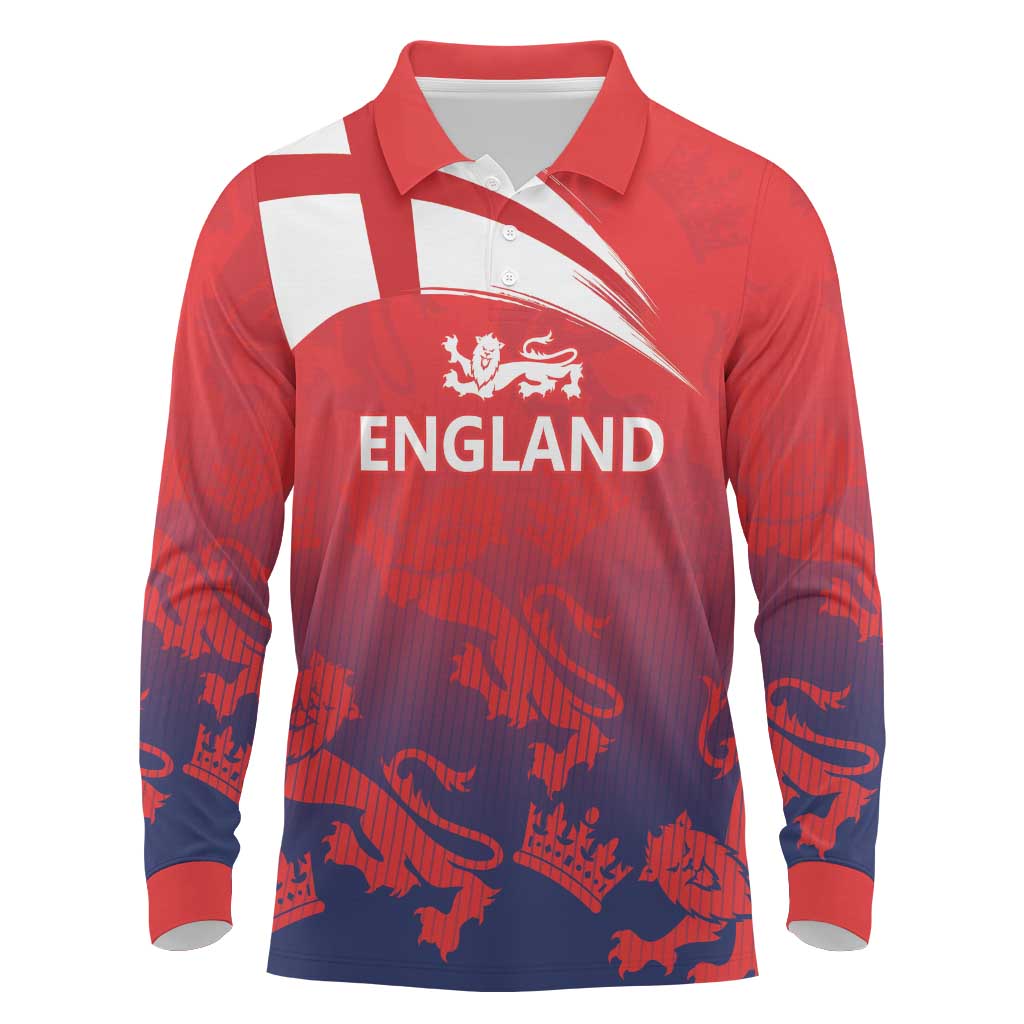 England Cricket Custom Long Sleeve Polo Shirt Three Lions With Flag - Wonder Print Shop