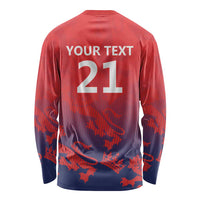 Red long-sleeve cricket shirt with "YOUR TEXT 21" large back print and crest