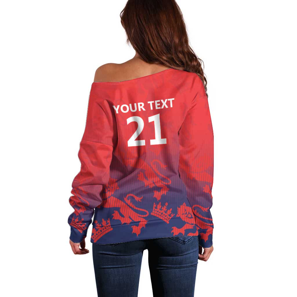 Red off-shoulder sweater, back view with YOUR TEXT and number 21 print