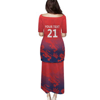 Red long cricket dress with back 'YOUR TEXT 21' and lions flag print