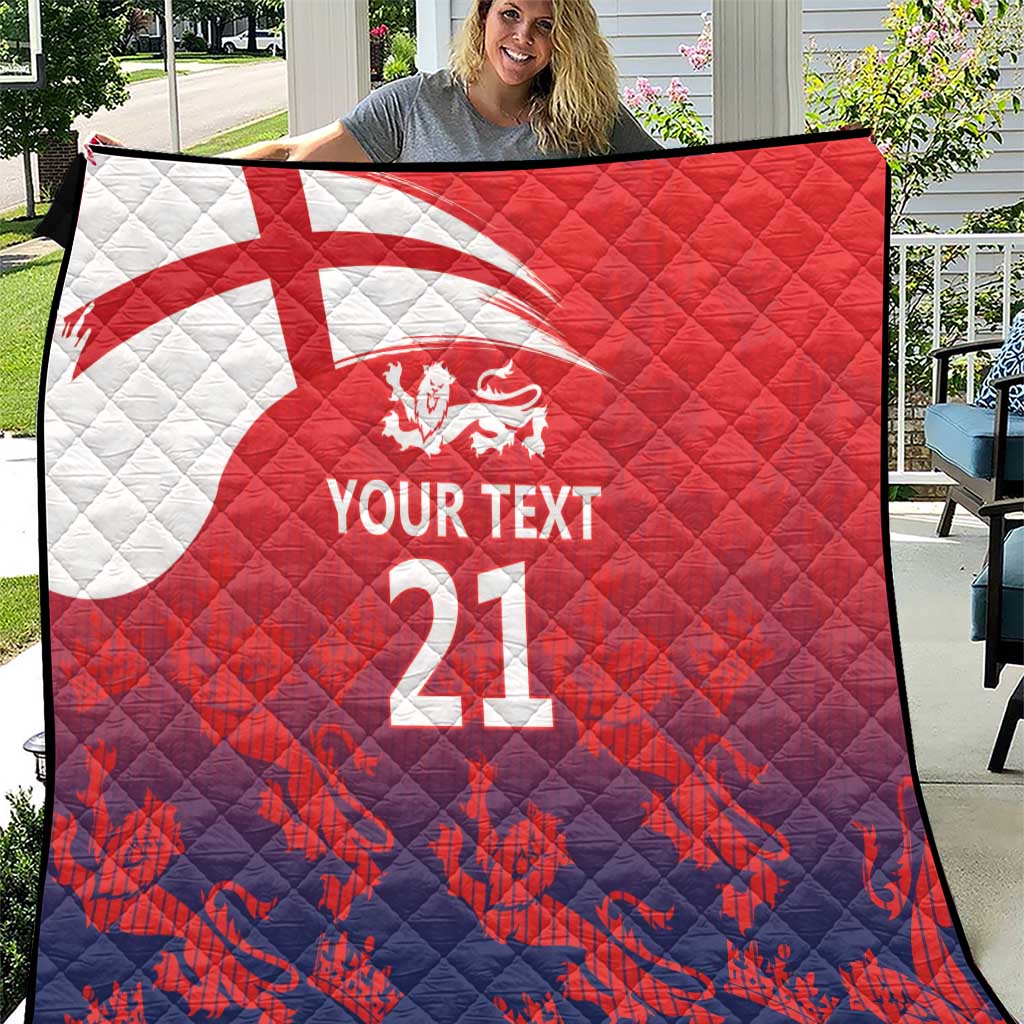Red and navy custom cricket quilt with Union Jack, lion crest, and 'YOUR TEXT 21'