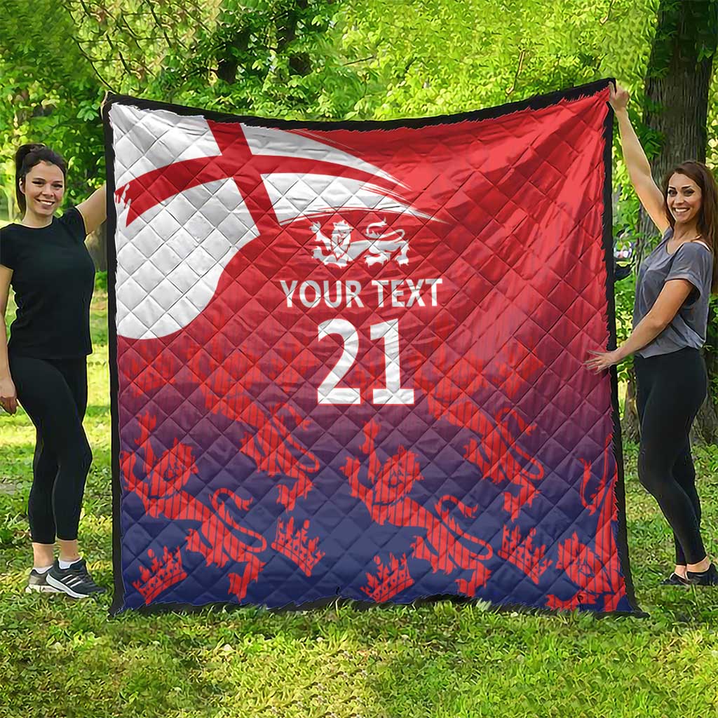 Red and navy quilt with Union Jack, lion crest, and 'YOUR TEXT 21' quilted pattern