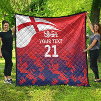 Red and navy quilt with Union Jack, lion crest, and 'YOUR TEXT 21' quilted pattern
