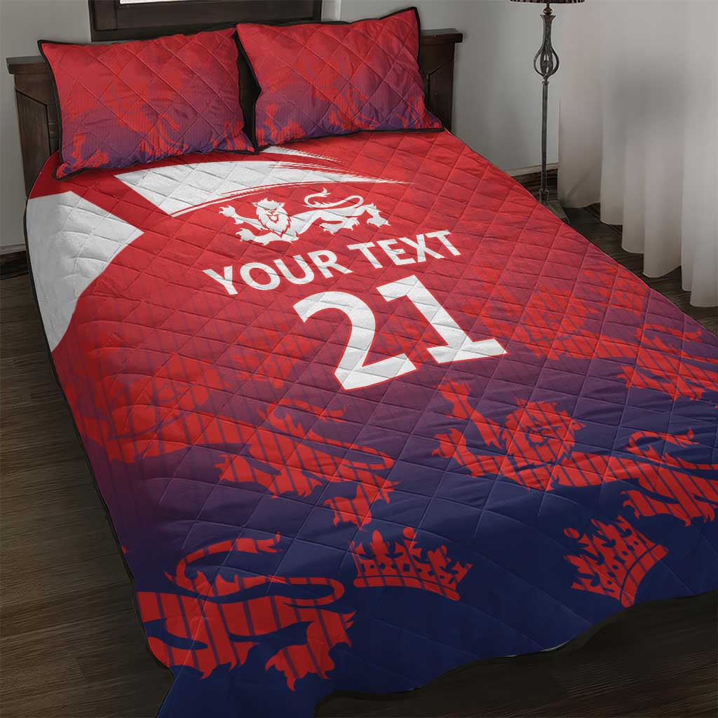 Red and blue quilt bed set with quilted pattern, custom text and lions, 2 pillows
