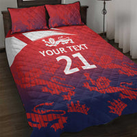 Red and blue quilt bed set with quilted pattern, custom text and lions, 2 pillows
