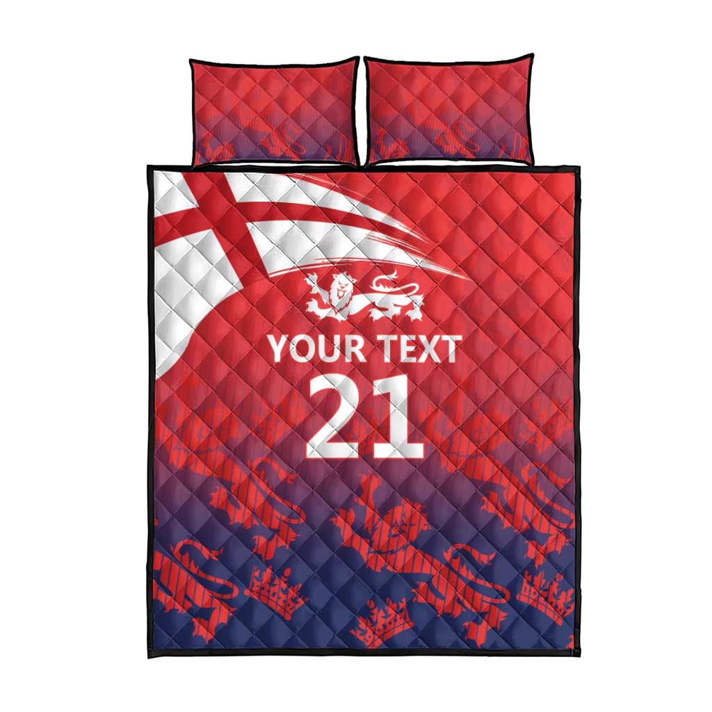 Red and blue quilt bed set with custom text and lions emblem on duvet, 2 matching pillows