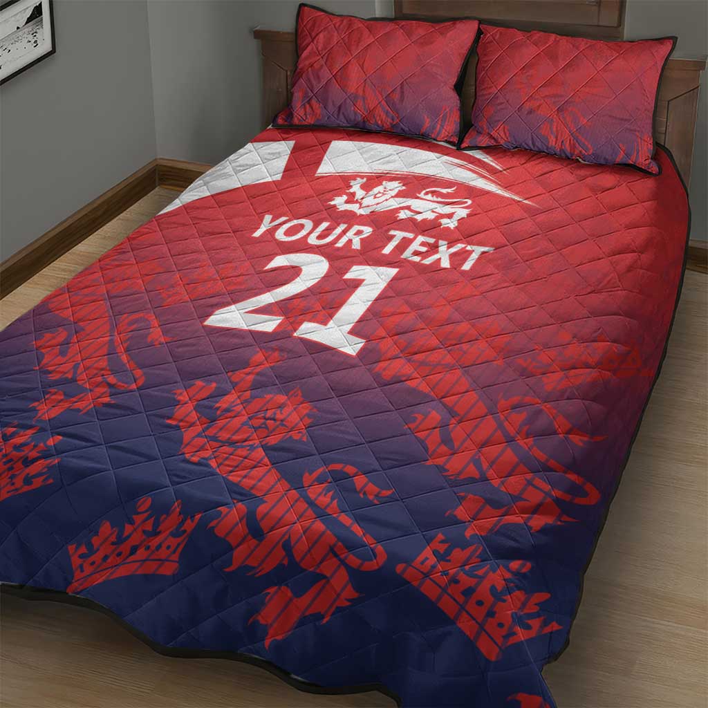 Red and blue quilt bed set with quilted duvet, custom text and lions, 2 pillows