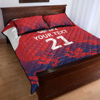 Red and blue quilt bed set with quilted duvet, custom text and lions, 2 pillows