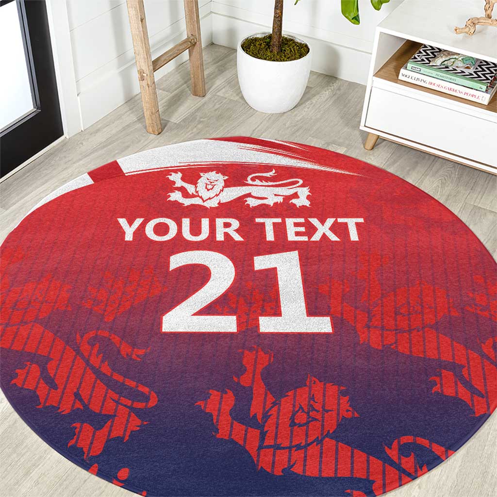 Red round cricket-themed rug with white border, lion crest, and large '21' text