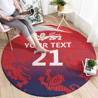 Red and navy round cricket rug with white border, 'YOUR TEXT' and large '21' in center