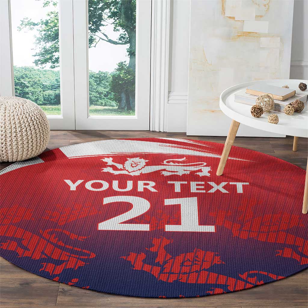 Red round cricket rug with white border, lion emblem, and 'YOUR TEXT' with large '21'