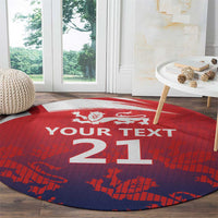 Red round cricket rug with white border, lion emblem, and 'YOUR TEXT' with large '21'