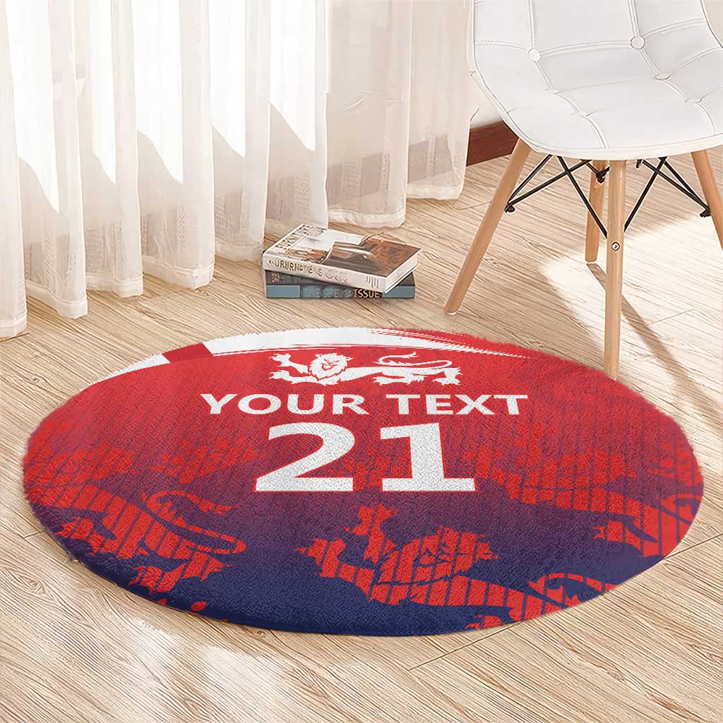 Red round cricket rug with white border, 'YOUR TEXT' and large '21' printed in center