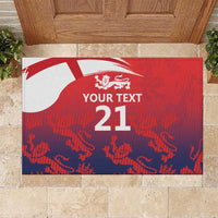 Red rubber doormat with white England flag, three lions crest, custom text and 21