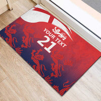 Red rubber doormat with white England flag, three lions crest, YOUR TEXT and 21