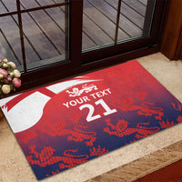 Red rubber doormat with blue edge, white England flag, three lions, YOUR TEXT and 21