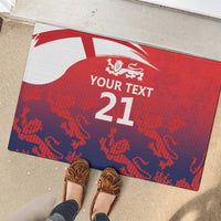 Red rubber doormat with blue border, white England flag, three lions and YOUR TEXT 21