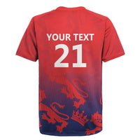 Red cricket rugby jersey back with YOUR TEXT 21 and blue lion pattern