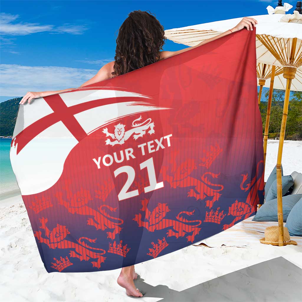 Red and navy England cricket custom sarong with flag print and “YOUR TEXT 21”