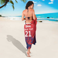 Red and navy sarong with England flag cross print and “OUR TEXT 21”