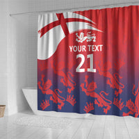 England cricket shower curtain, angled view with Union Jack, lions crest, 'YOUR TEXT' 21
