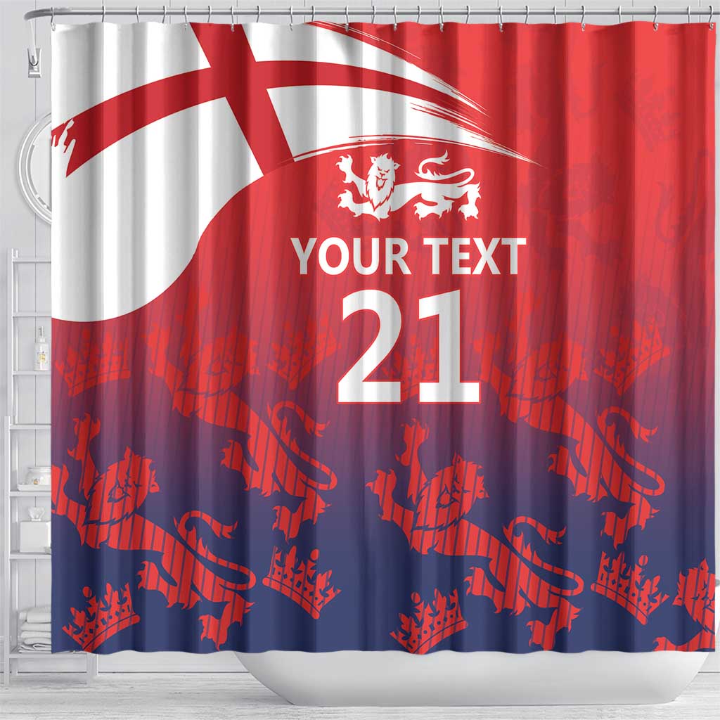 England cricket shower curtain with bold Union Jack, lions crest, 'YOUR TEXT' 21