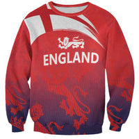 Red crewneck sweatshirt with England graphic, Three Lions, and white diagonal flag stripe