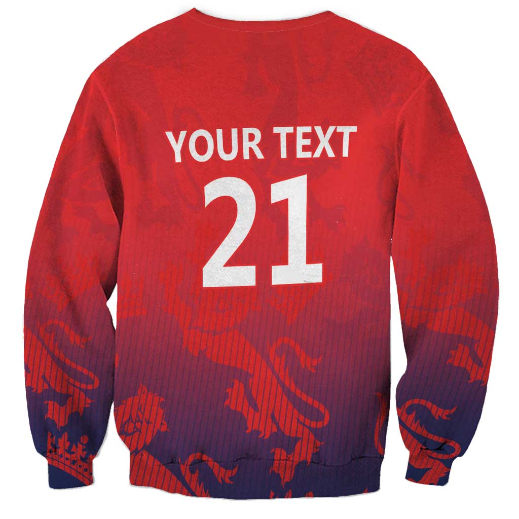 Red crewneck sweatshirt back with YOUR TEXT and large 21 numerals