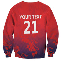 Red crewneck sweatshirt back with YOUR TEXT and large 21 numerals