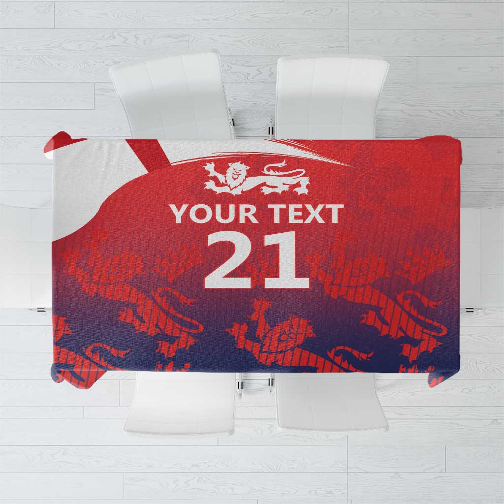Cricket tablecloth in red and navy with lion-and-flag print and custom 'YOUR TEXT 21'
