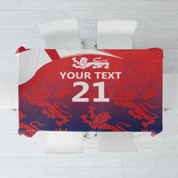 Cricket tablecloth in red and navy with lion-and-flag print and custom 'YOUR TEXT 21'