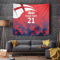 Red/white/blue cricket tapestry with lion crest, 'YOUR TEXT' and '21' flag design