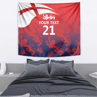 Rectangular cricket tapestry wall hanging with lion crest, 'YOUR TEXT' and '21' in red/blue