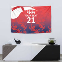 Cricket tapestry wall hanging with lion crest, 'YOUR TEXT' and '21' in red and blue