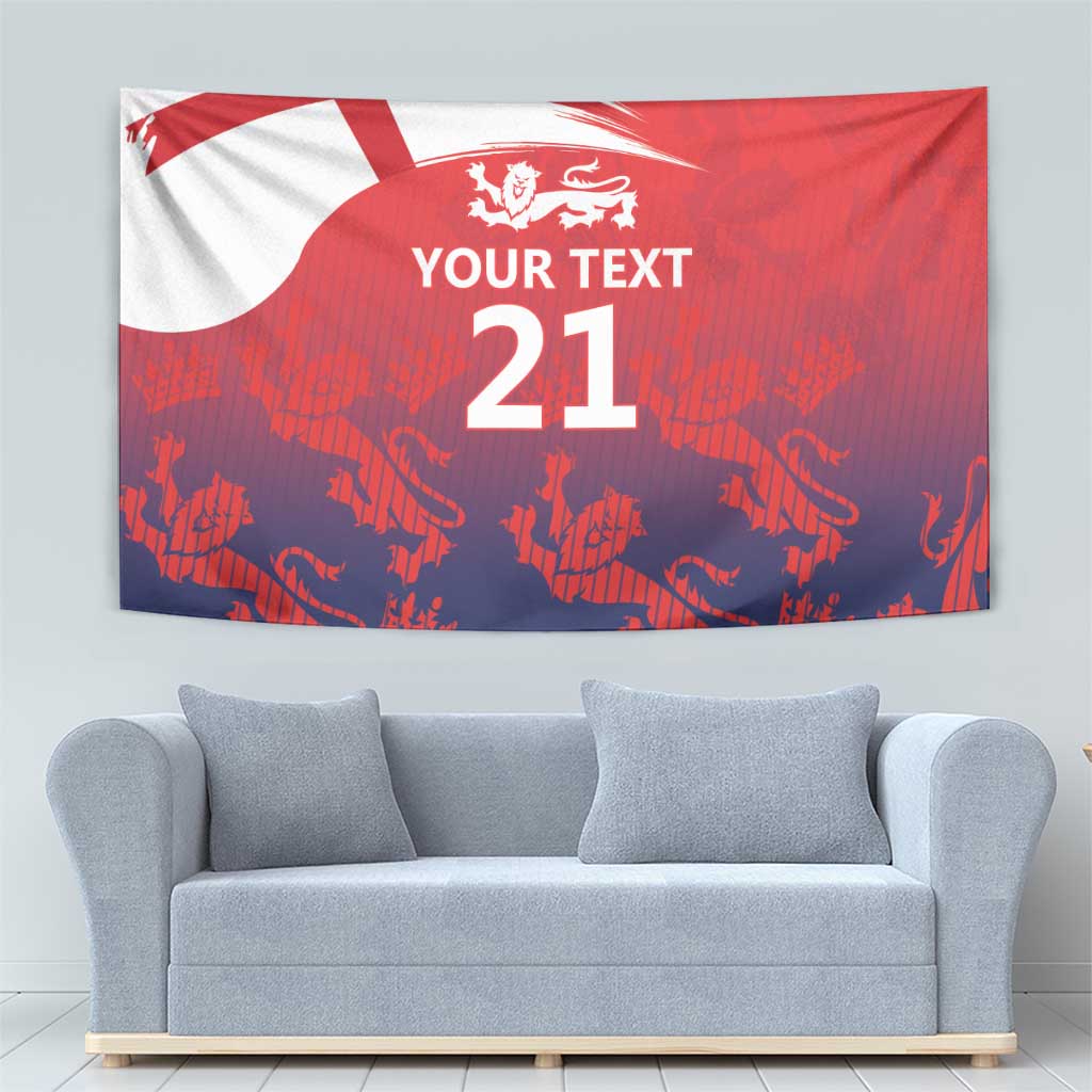 Red and blue cricket tapestry wall hanging with lion crest, 'YOUR TEXT' and '21'